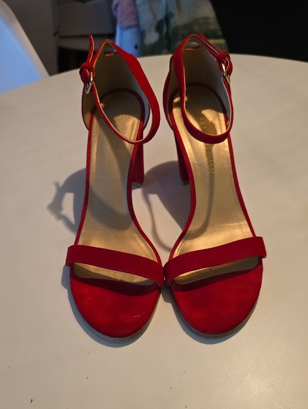 Stuart Weitzman Red Suede Ankle-Strap Block Heels